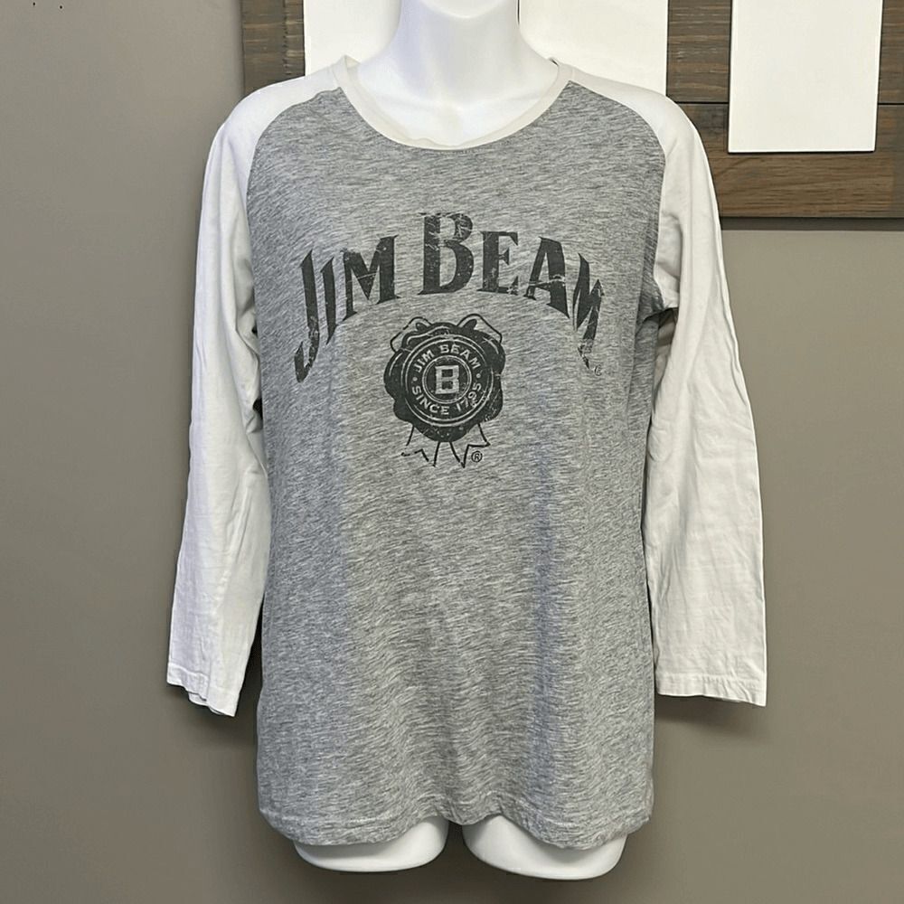Jim Beam Women’s Heather Gray & White Baseball Long Sleeve Cotton T-Shirt- Large